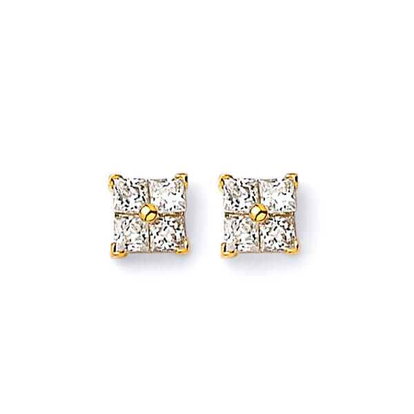 Solitaire Stud Earrings with White CZ in 14K Gold and Butterfly Backing