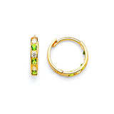 Huggie Earrings with Green & White CZ in 14K Gold