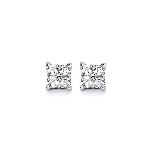 Solitaire Stud Earrings with White CZ in 14K White Gold and Butterfly Backing