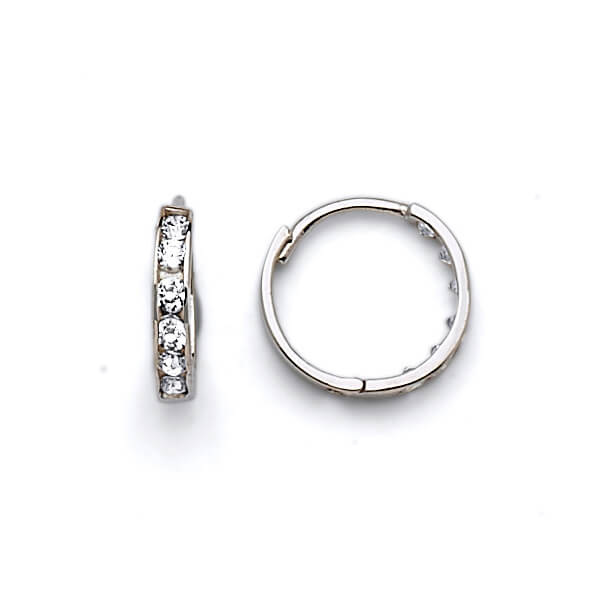 Huggie Earrings with White CZ in 14K White Gold