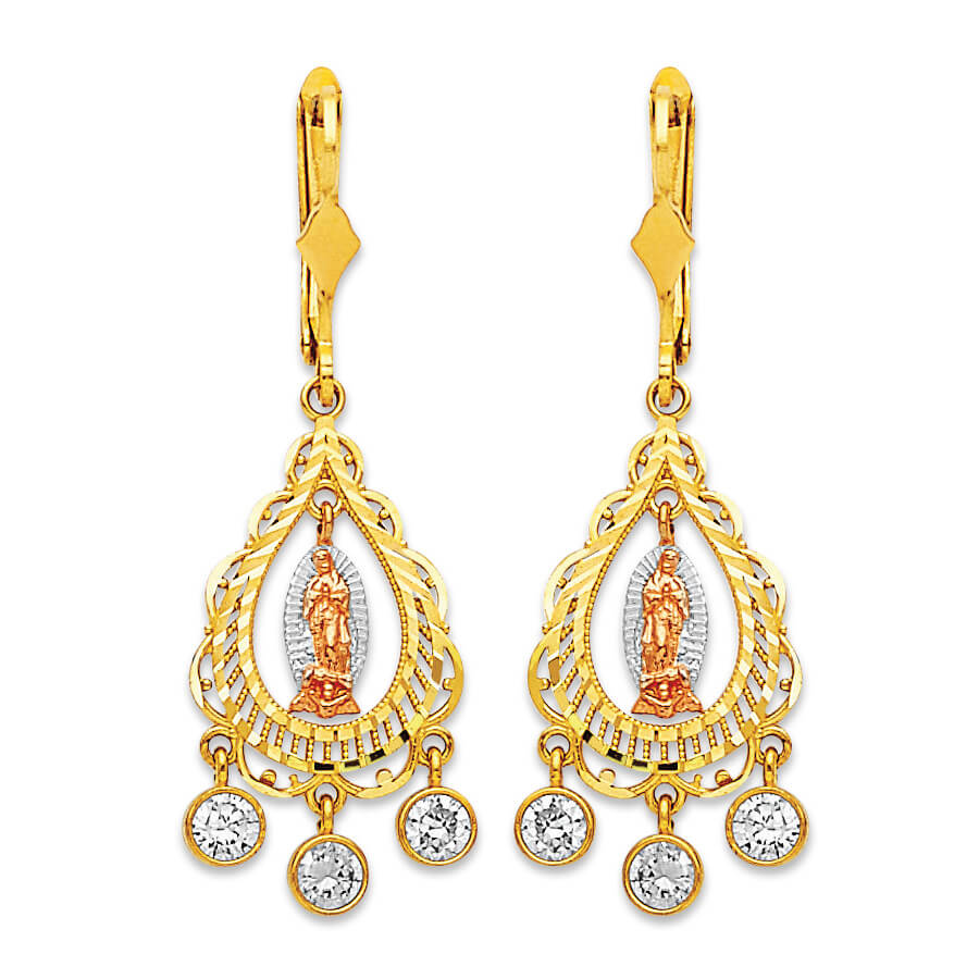 Guadalupe Chandelier Earrings with White CZ in 14K Tri-Color Gold