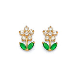 Flower Stud Earrings with Green & White CZ in 14K Gold and Screw Backing