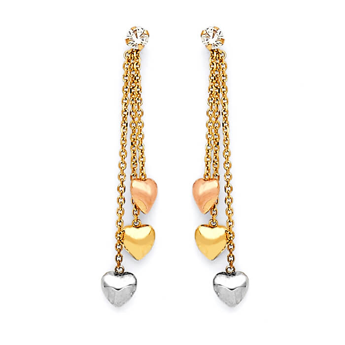 Heart Tassel Earrings with White CZ in 14K Tri-Color Gold and Butterfly Backing