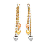 Heart Tassel Earrings with White CZ in 14K Tri-Color Gold and Butterfly Backing