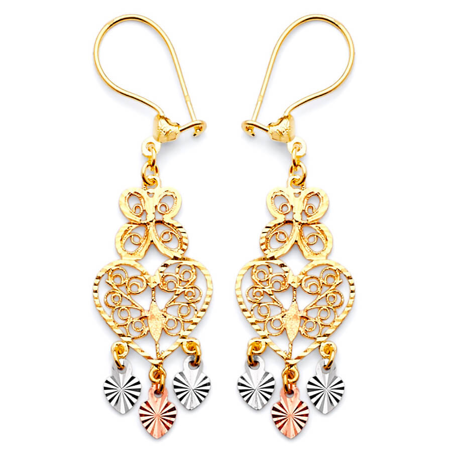 Heart Chandelier Earrings in 14K Tri-Color Gold