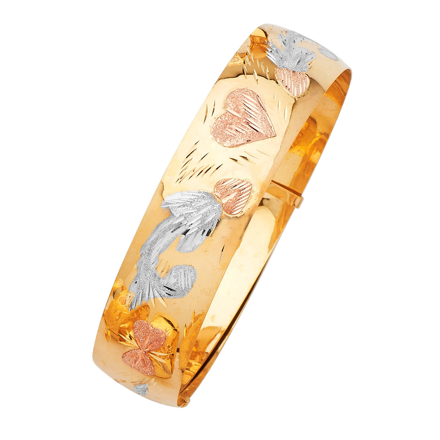 Adjustable Heart Ladies Bangle in 14K Tri-Color Gold