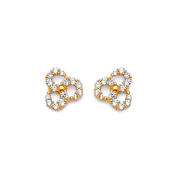 Ribbon Stud Earrings with White CZ in 14K Gold and Butterfly Backing