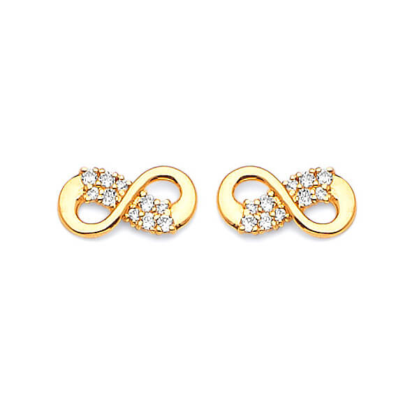Ribbon Stud Earrings with White CZ in 14K Gold and Butterfly Backing