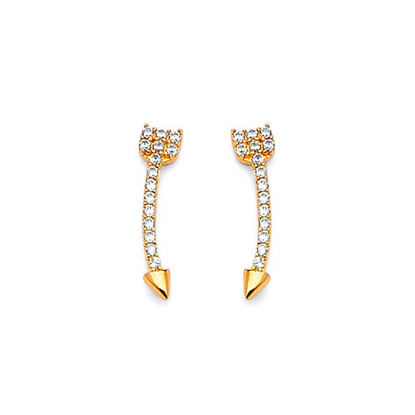 Arrow Stud Earrings with White CZ in 14K Gold and Butterfly Backing