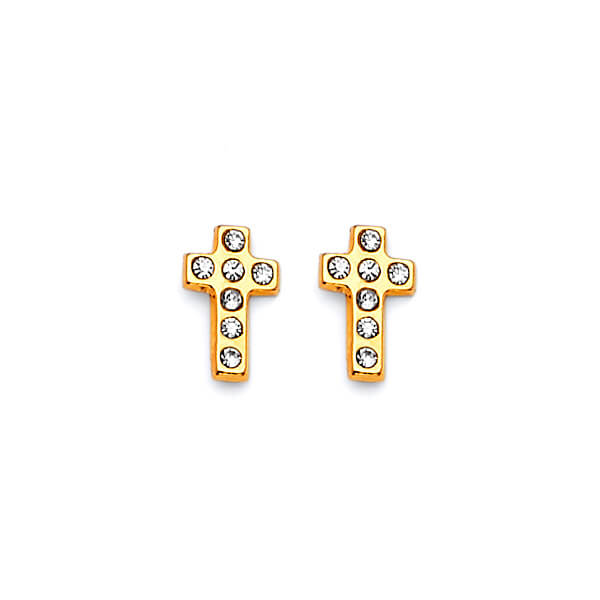 Cross Stud Earrings with White CZ in 14K Gold and Butterfly Backing