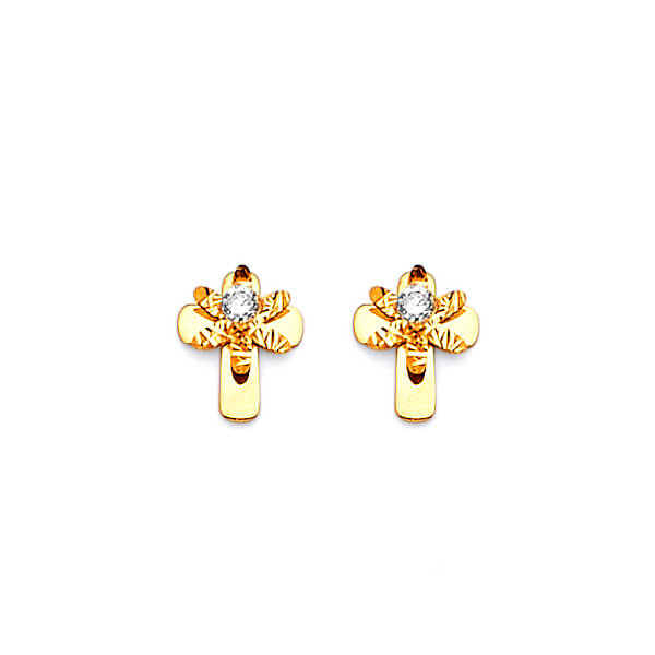 Cross Stud Earrings with White CZ in 14K Gold and Screw Backing