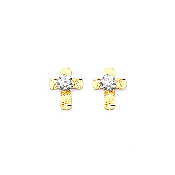 Cross Stud Earrings with White CZ in 14K Gold and Screw Backing