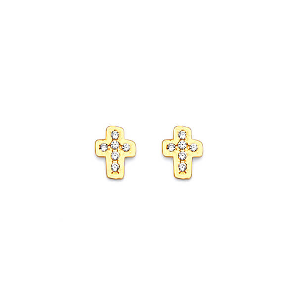 Cross Stud Earrings with White CZ in 14K Gold and Butterfly Backing