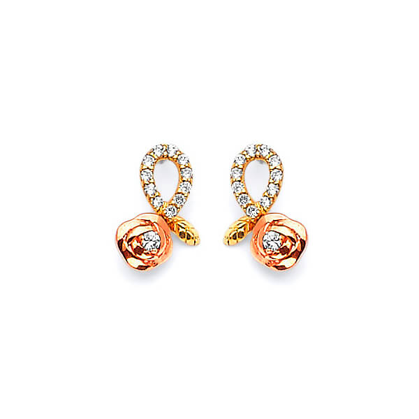 Flower Stud Earrings with White CZ in 14K Two-Tone Gold and Butterfly Backing