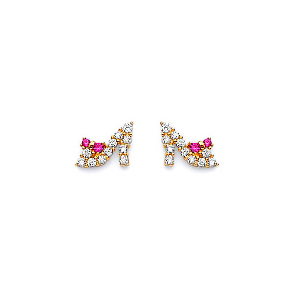 Shoe Stud Earrings with Red & White CZ in 14K Gold and Butterfly Backing