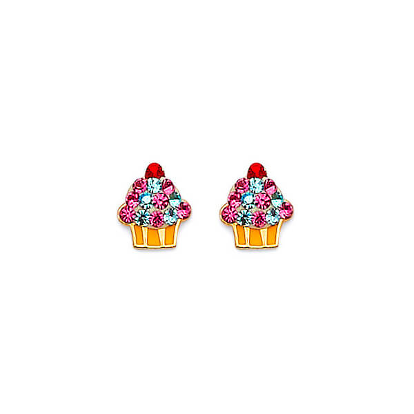 Cupcake Stud Earrings with Red & Blue CZ in 14K Gold and Butterfly Backing