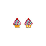 Cupcake Stud Earrings with Red & Blue CZ in 14K Gold and Butterfly Backing