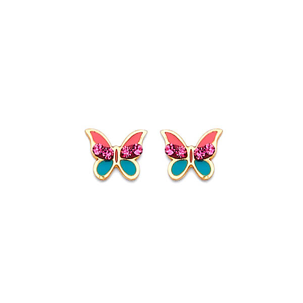 Butterfly Stud Earrings with Red CZ and Enamel in 14K Gold and Butterfly Backing