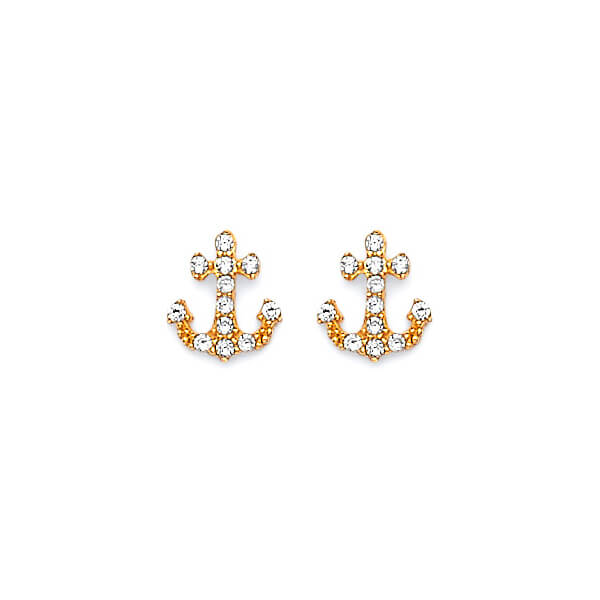 Anchor Stud Earrings with White CZ in 14K Gold and Butterfly Backing