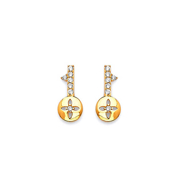 Flower Stud Earrings with White CZ in 14K Gold and Butterfly Backing