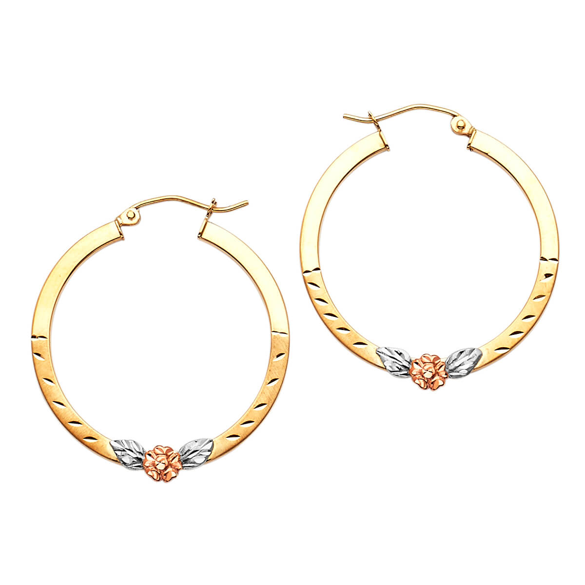 Flower Hoop Earrings in 14K Tri-Color Gold