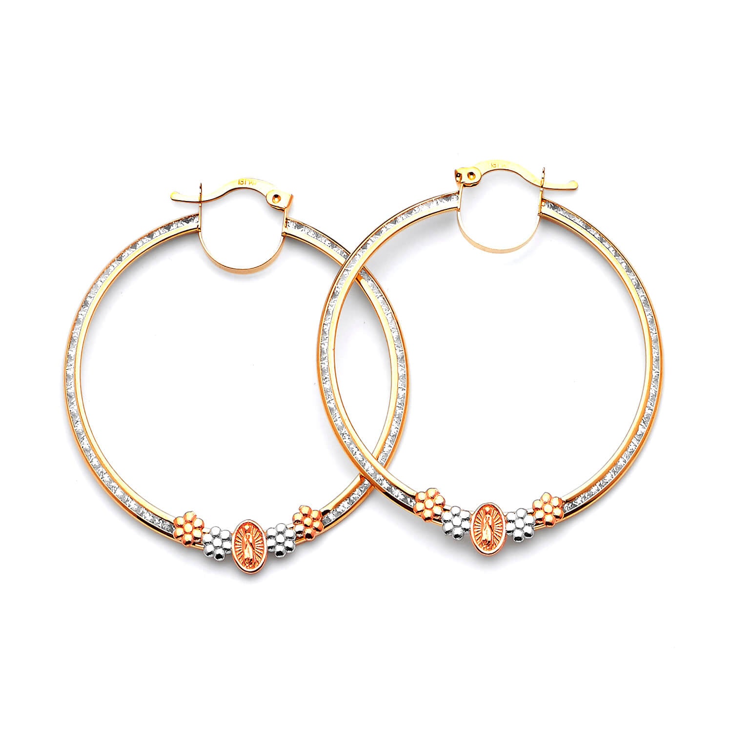 Guadalupe Hoop Earrings with White CZ in 14K Tri-Color Gold