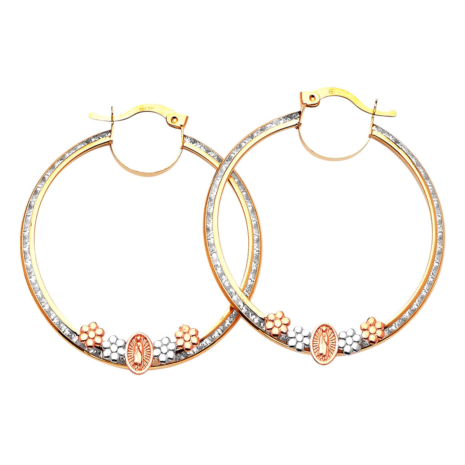 Guadalupe Hoop Earrings with White CZ in 14K Tri-Color Gold