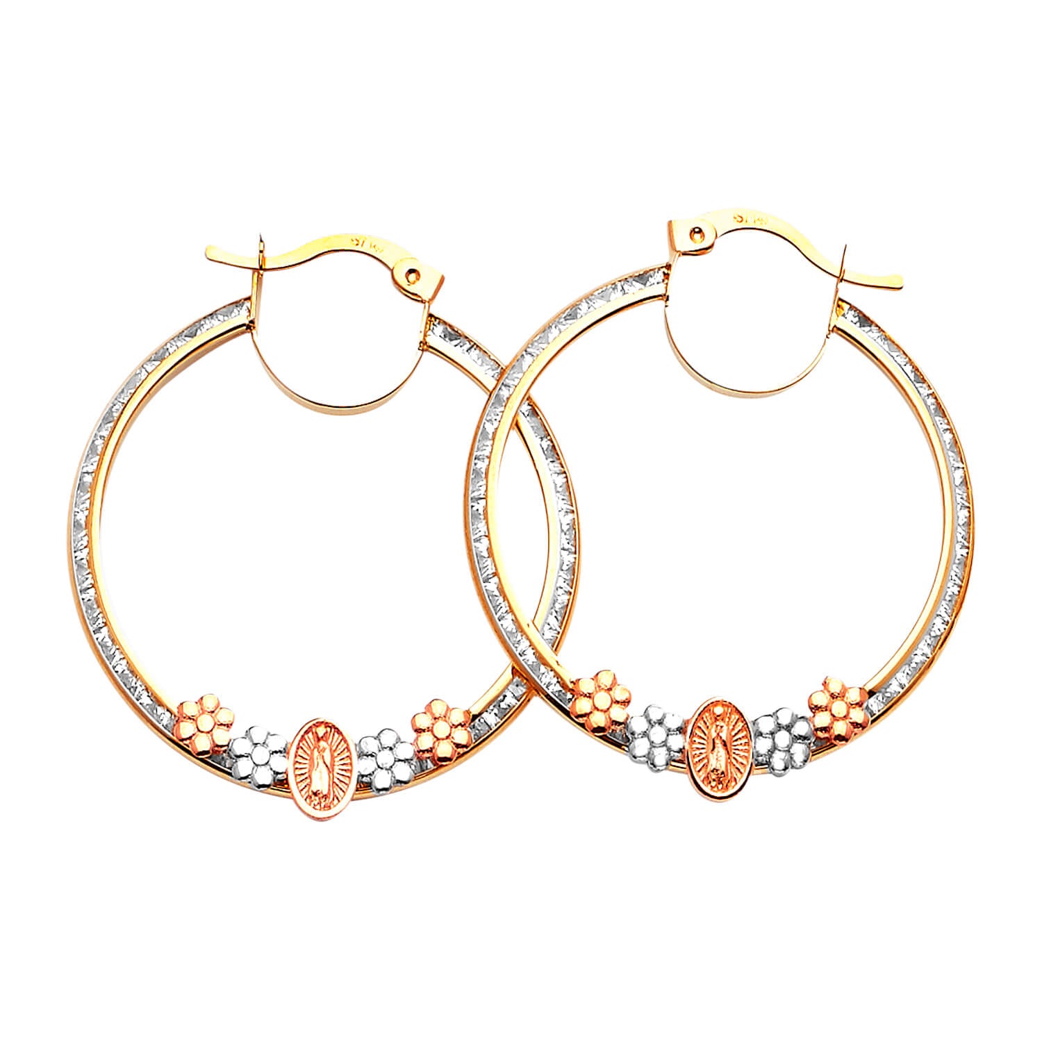 Guadalupe Hoop Earrings with White CZ in 14K Tri-Color Gold