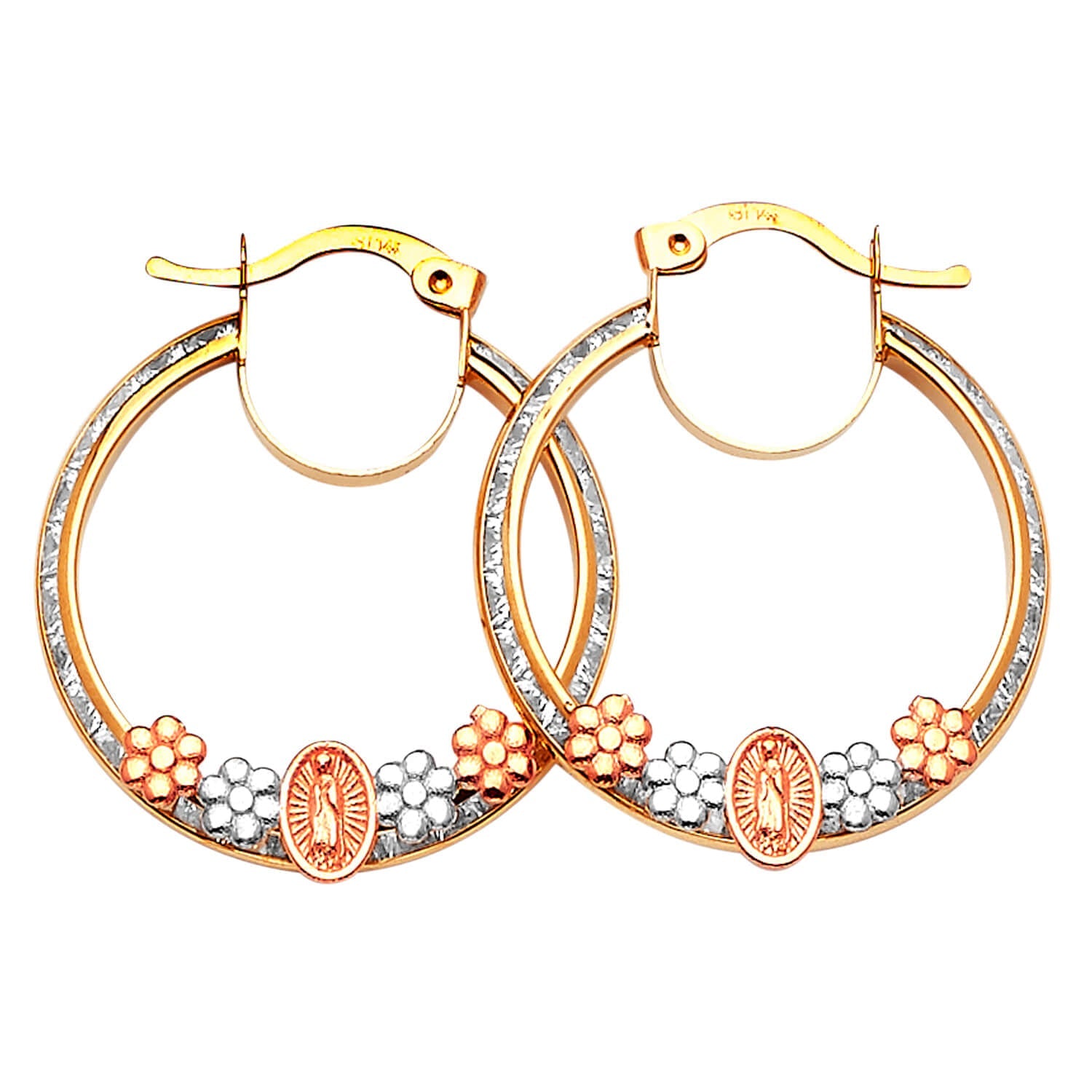 Guadalupe Hoop Earrings with White CZ in 14K Tri-Color Gold