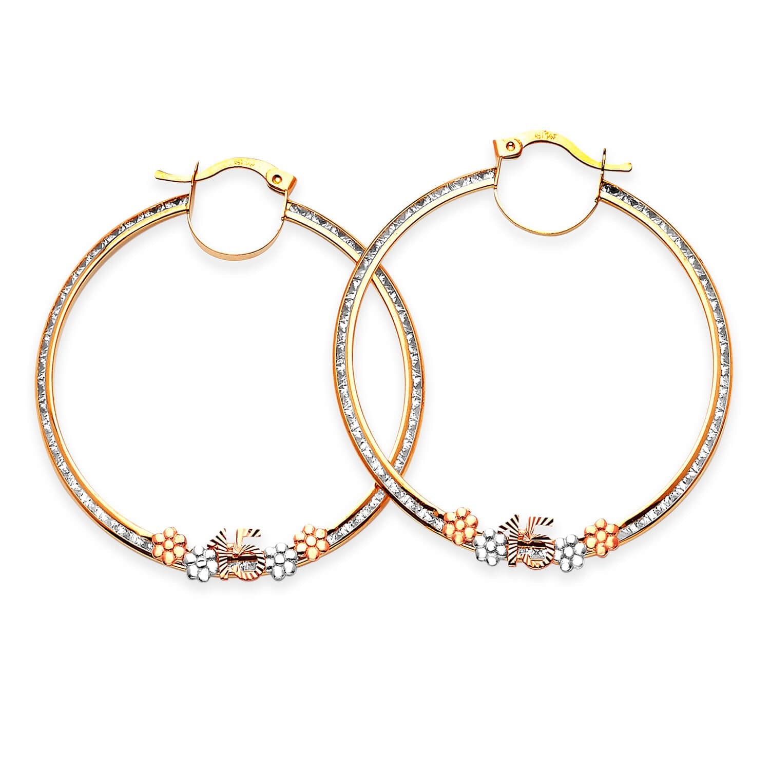 Flower Hoop Earrings with White CZ in 14K Tri-Color Gold