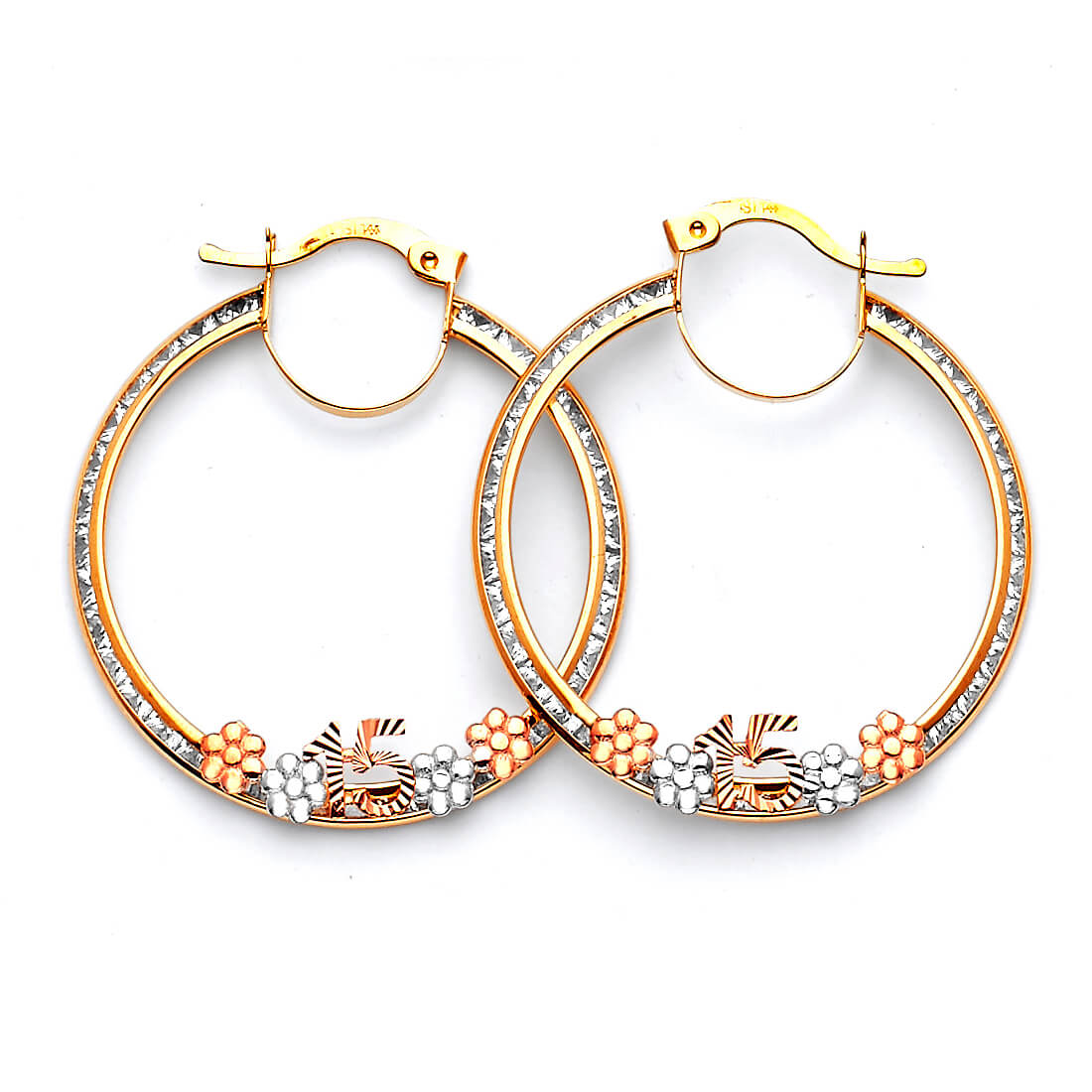 Flower Hoop Earrings with White CZ in 14K Tri-Color Gold