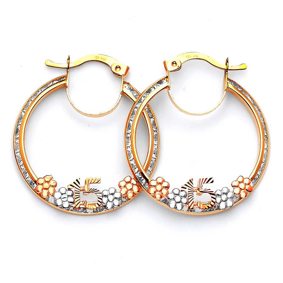 Flower Hoop Earrings with White CZ in 14K Tri-Color Gold