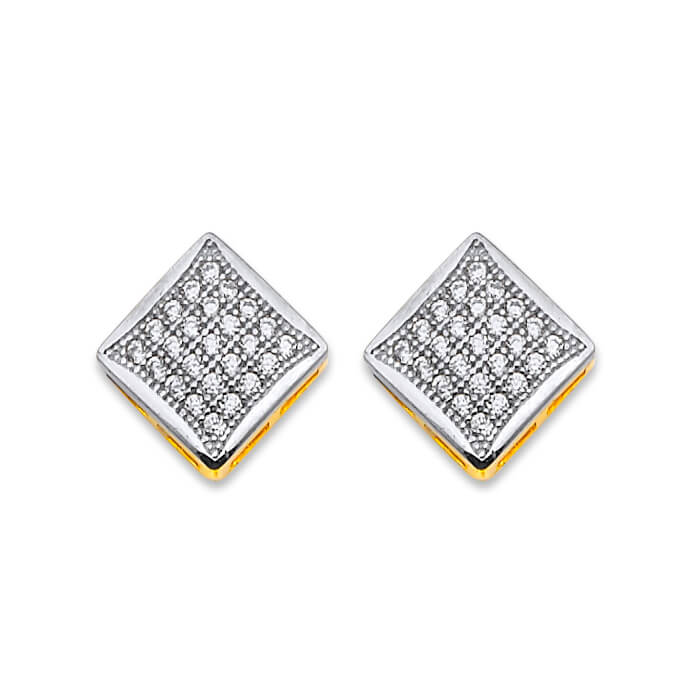 Stud Earrings with White CZ in 14K Two-Tone Gold and Butterfly Backing