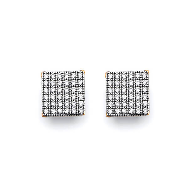 Stud Earrings with White CZ in 14K Two-Tone Gold and Butterfly Backing