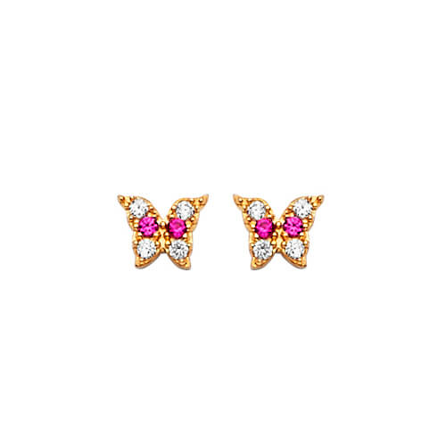 Butterfly Stud Earrings with Red & White CZ in 14K Gold and Butterfly Backing