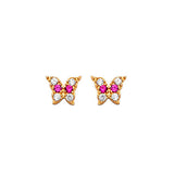 Butterfly Stud Earrings with Red & White CZ in 14K Gold and Butterfly Backing