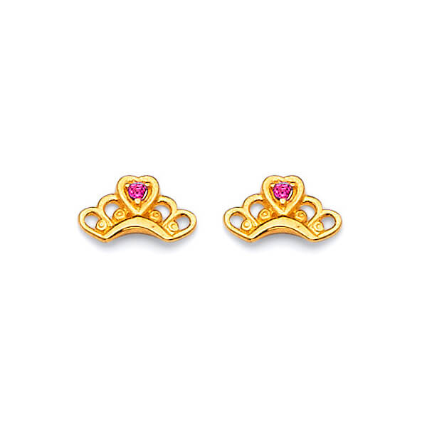 Tiara Stud Earrings with Red CZ in 14K Gold and Screw Backing