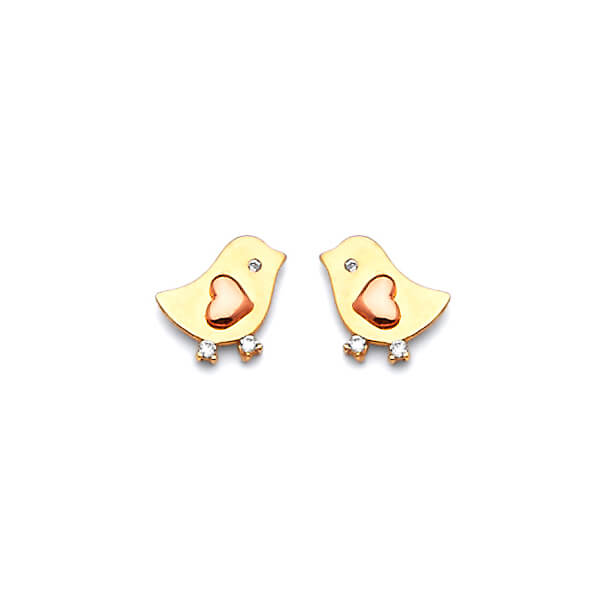 Bird Stud Earrings with White CZ in 14K Two-Tone Gold and Butterfly Backing
