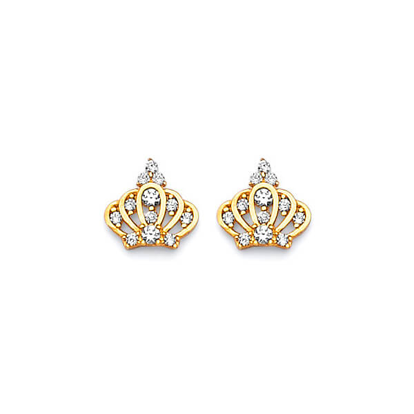 Tiara Stud Earrings with White CZ in 14K Gold and Butterfly Backing
