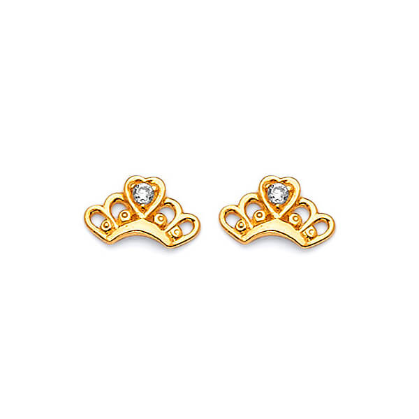 Tiara Stud Earrings with White CZ in 14K Gold and Screw Backing