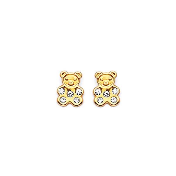 Bear Stud Earrings with White CZ in 14K Gold and Butterfly Backing