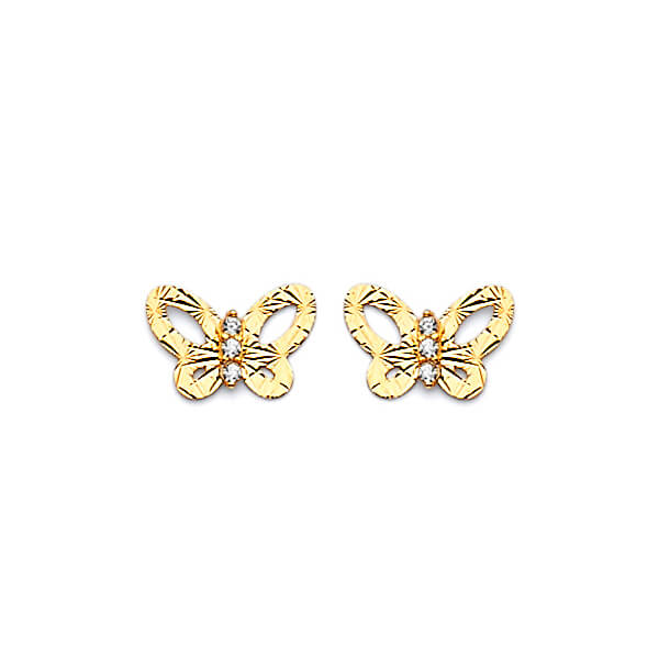 Butterfly Stud Earrings with White CZ in 14K Gold and Screw Backing