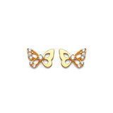 Butterfly Stud Earrings with White CZ in 14K Gold and Butterfly Backing