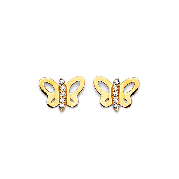 Butterfly Stud Earrings with White CZ in 14K Gold and Screw Backing