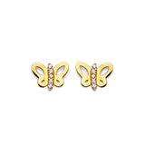 Butterfly Stud Earrings with White CZ in 14K Gold and Screw Backing