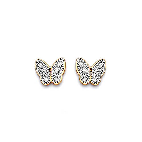 Butterfly Stud Earrings with White CZ in 14K Gold and Butterfly Backing