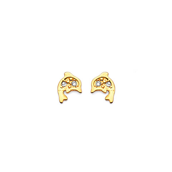 Dolphin Stud Earrings with White CZ in 14K Gold and Butterfly Backing