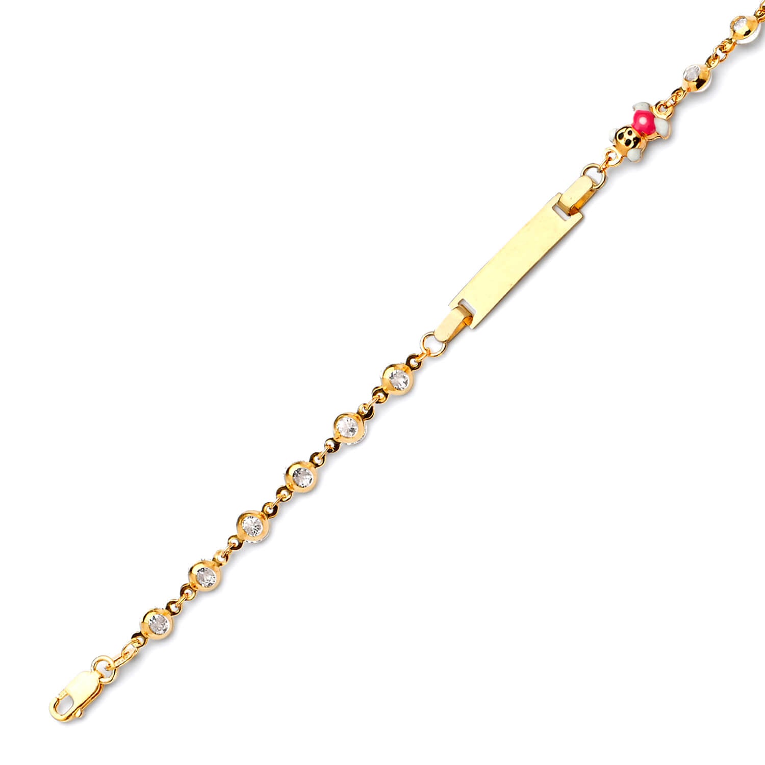Beaded White CZ Enamel Kids Bear Charm ID Bracelet In 14K Gold