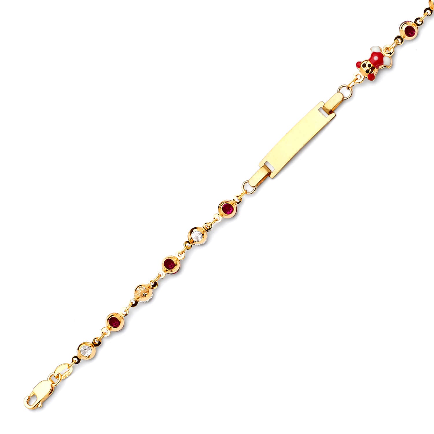 Beaded White CZ Enamel Kids Bear Charm ID Bracelet In 14K Gold