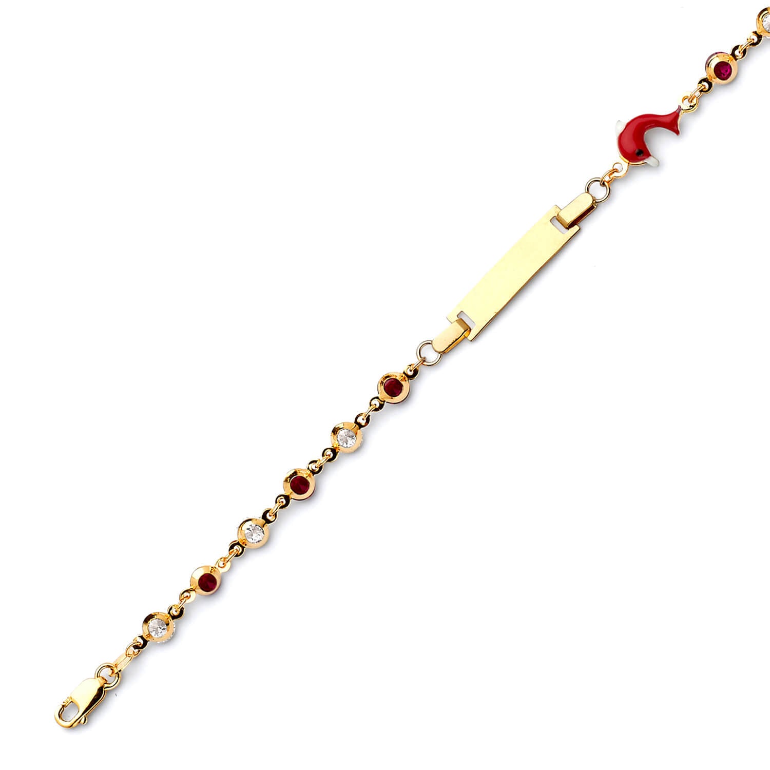 Beaded White CZ Enamel Kids Dolphin Charm ID Bracelet In 14K Gold